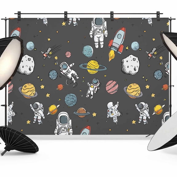Cartoon Cute Astronauts Photography Backdrop 7x5FT, Lovely Black Space Spacecraft Rockets Planet Photo Backdrops, Background for Photography Studio Photo Studio Background, Back Drop for Photoshoot