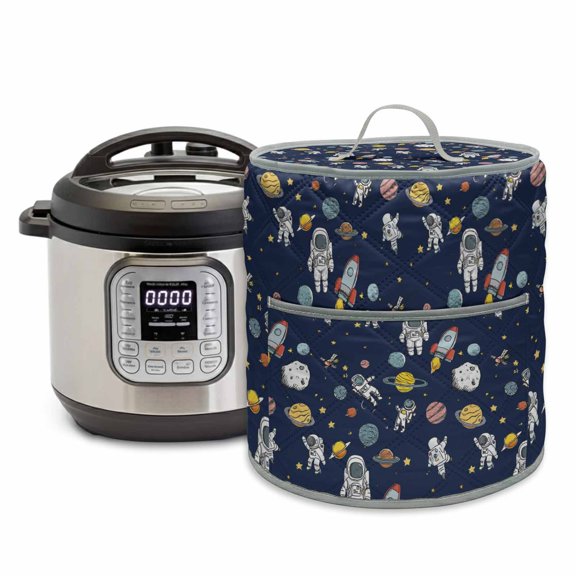 Cartoon Cute Astronauts Rice Cooker Cover 6 Quart Lovely Blue Space Spacecraft Rockets Planet Pressure Cooker Cover Appliance Protector Dust Case with Pocket and Handle for Kitchen