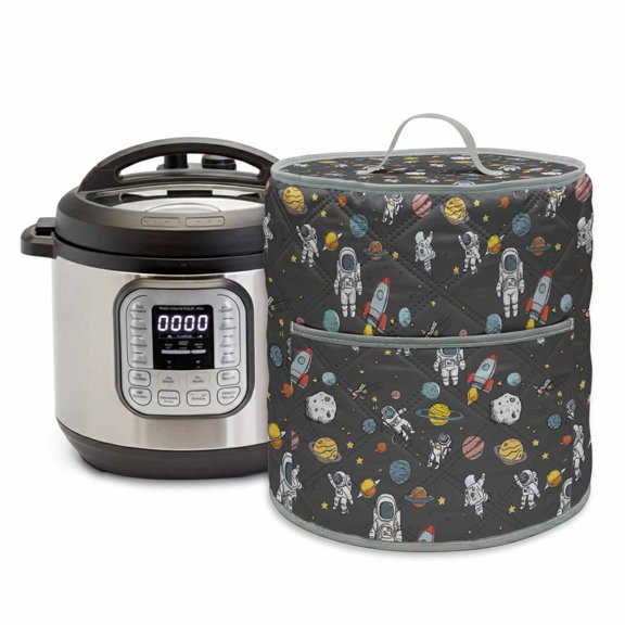 Cartoon Cute Astronauts Rice Cooker Cover 8 Quart Lovely Black Space Spacecraft Rockets Planet Pressure Cooker Cover Appliance Protector Dust Case with Pocket and Handle for Kitchen