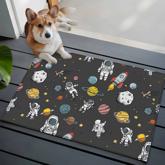 Cartoon Cute Astronauts Washable Entry Rug 2x3 Lovely Black Space Spacecraft Rockets Planet Low Pile Indoor Door Mat with Rubber Backing Thin Area Rug for for Entrance, Bedroom, Kitchen, Bathroom
