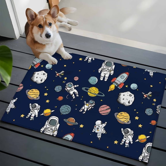 Cartoon Cute Astronauts Washable Entry Rug 2x3 Lovely Blue Space Spacecraft Rockets Planet Low Pile Indoor Door Mat with Rubber Backing Thin Area Rug for for Entrance, Bedroom, Kitchen, Bathroom