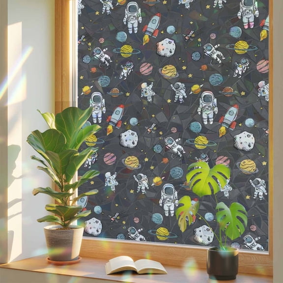 Cartoon Cute Astronauts Window Privacy Film, Lovely Black Space Spacecraft Rockets Planet Stained Glass Rainbow Film Decorative Window Clings, Static Cling Sun Blocking Stickers 17.7" x 39.3"