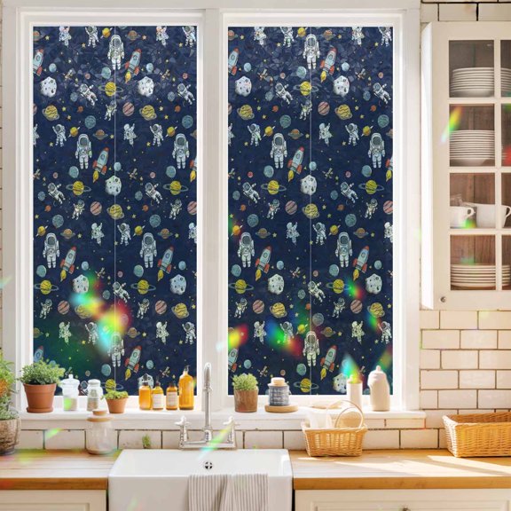 Cartoon Cute Astronauts Window Privacy Film Lovely Blue Space Spacecraft Rockets Planet Static Cling Stained Glass Window Film Non-Adhesive Decorative Decals Rainbow Sticker 17.7"X39.3"