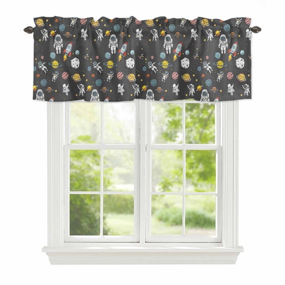 Cartoon Cute Astronauts Window Valance for Kitchen, Lovely Black Space Spacecraft Rockets Planet Rod Pocket Short Curtain for Small Windows, Light Filtering Decorative Valance, 42 x 12 Inch, 1 Panel