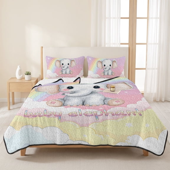 Cartoon Cute Baby Elephants 3 Pieces Quilt Set,1 Quilt with 2 Shams,Watercolor Rainbow Clouds Bedspread Soft Lightweight Bedding Coverlet Comforter Set for All Season 96"x106"