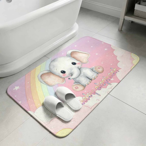 Cartoon Cute Baby Elephants Door Mat,Indoor Outdoor Welcome Doormat Watercolor Rainbow Clouds Absorbent Linen Front Door Mats Non-Slip Entrance Rug for Kitchen Bathroom Entryway,16x24in