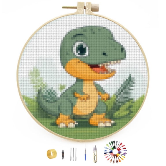 Cartoon Cute Baby Green Dinosaur Easy Stamped Cross Stitch Kits for Beginners with Hoop Simple Patterns 11CT Counted Embroidery Needlepoint Crafts Arts for DIY Enthusiasts and Home Decor 26x26cm(2)