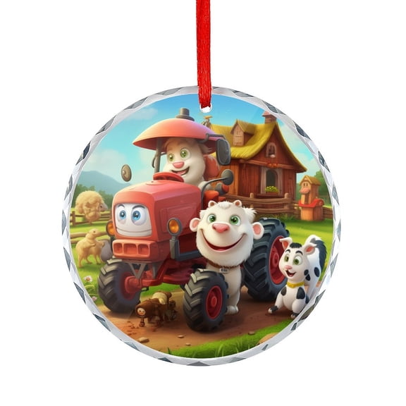 Cartoon Cute Barnyard Animals Farmer Tractor Crystal Glass Christmas Ornament Vintage Rustic Farm Glass Round Ornaments Holiday Present Ideas
