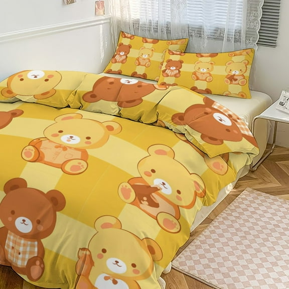 Cartoon Cute Bear 3 Pcs Soft Bedding Set, Includes 1 Duvet Cover with Zipper And 2 Pillow Shams Cartoon Cute Bear 86"x70"