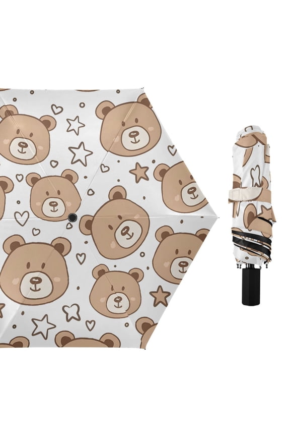 Cartoon Cute Bear Faces Stars Hearts All Weather Umbrella Triple Folding Parasol 6 Ribs UV Protection Portable