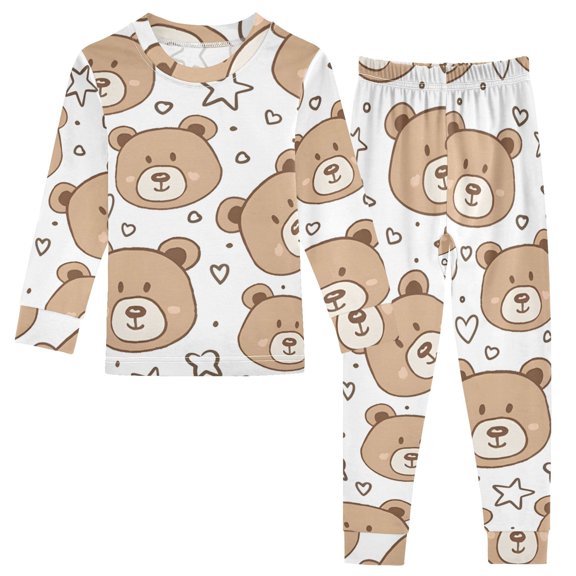 Cartoon Cute Bear Faces Stars Hearts Cotton Pajama Set Long Sleeve Top and Pants Sleepwear Unisex 24M