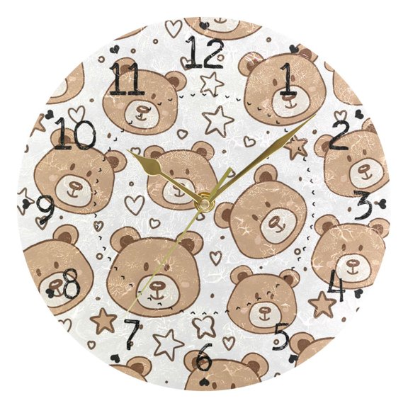 Cartoon Cute Bear Faces Stars Hearts Round Wall Clock Silent Analog Battery Operated Gold Pointer Home Decor 9.84" Diameter