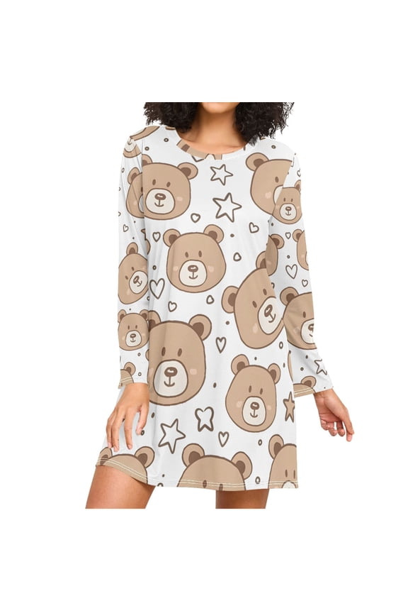 Cartoon Cute Bear Faces Stars Hearts Women's Long Sleeves Nightgowns Sleepwear Soft Pajama A-line Sleep Dress M