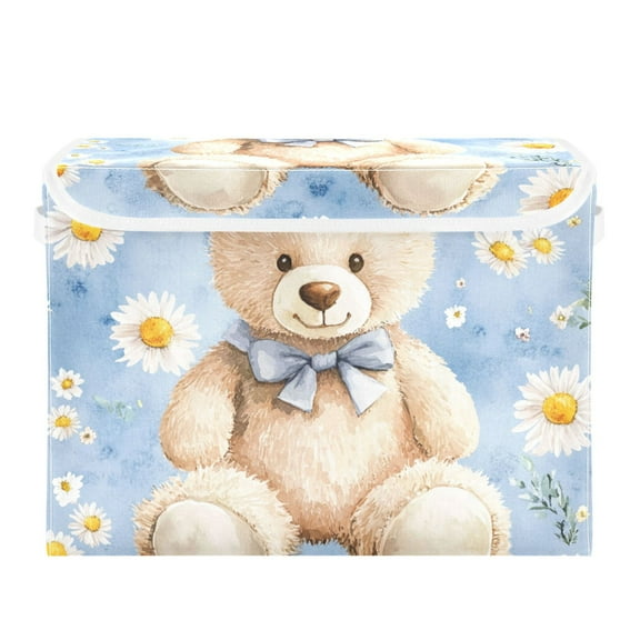 Cartoon Cute Beige Bear White Daisies Foldable Storage Bin with Lid and Handle Collapsible Storage Box 16.5 x 12.6 x 11.8 inches