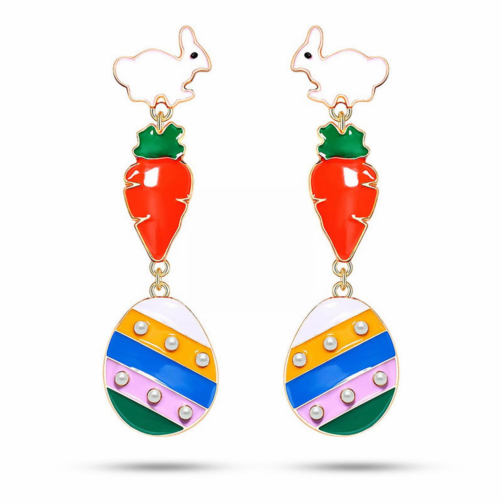 Cartoon Cute Bunny Dangling Rabbit Earrings Happy Easter Egg Carrot ...