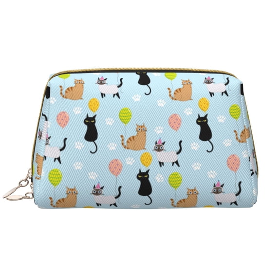 Cartoon Cute Cat Colorful Balloons Makeup Bag, Large Capacity Travel Cosmetic Bag for Women Girls- Travel Toiletry Bag Leather Portable Waterproof Makeup Case Organizer with Handle