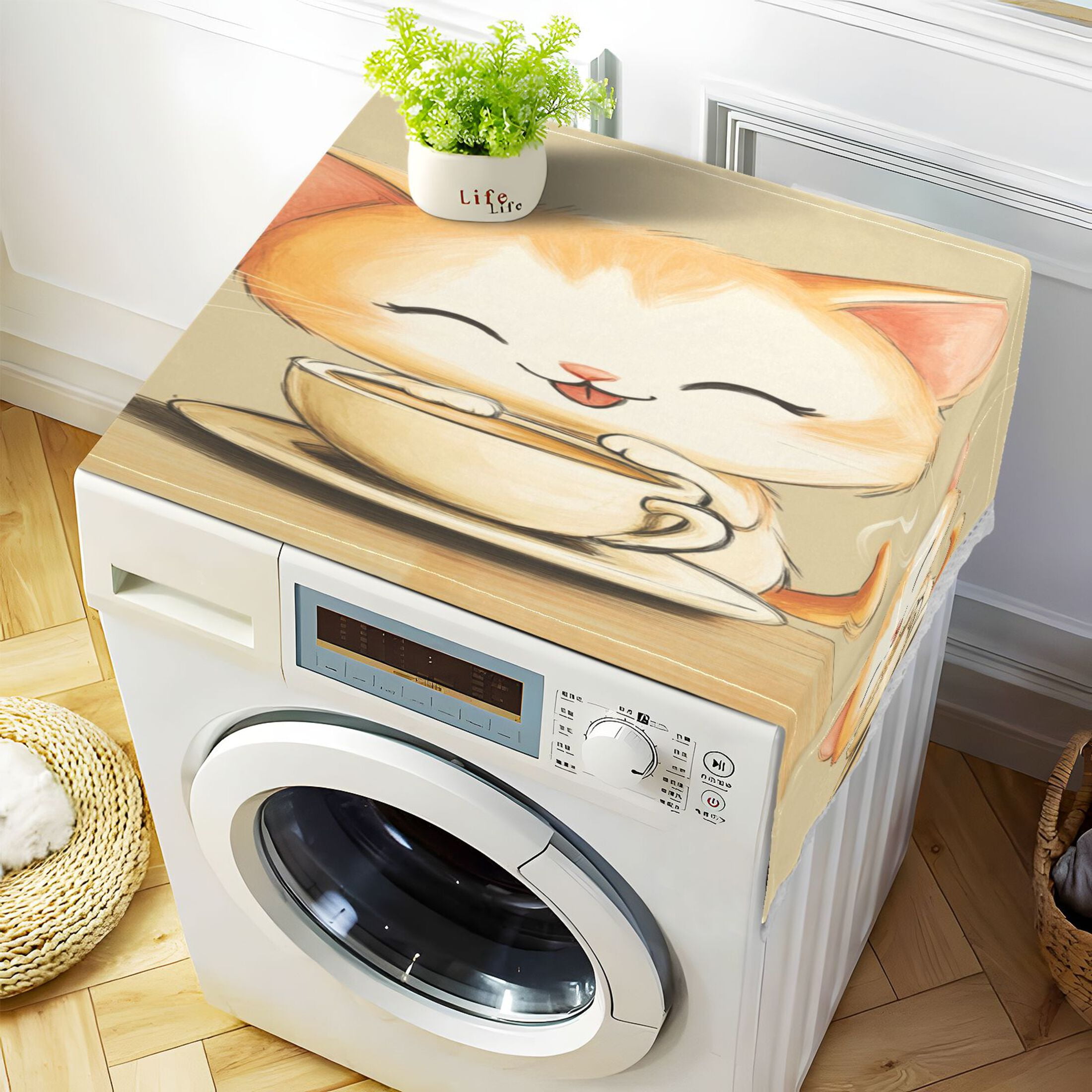 Cartoon Cute Cat Drink CoffeeWasher and Dryer Covers Dust-Proof and Oil Resistant Fridge Cover with 4 Storage Pockets Washing Machine Top Cover for Laundry Kitchen Home 51.2 x 22 In
