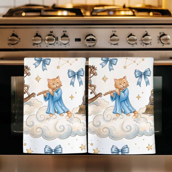 Cartoon Cute Cat Kitchen Towels Set of 4, Blue Bow Knot Train Cloud Star Funny Absorbent Dish Towels for Kitchen, Microfiber Hand Towel, Quick Drying Tea Towel for Cleaning Decorative Dishcloths
