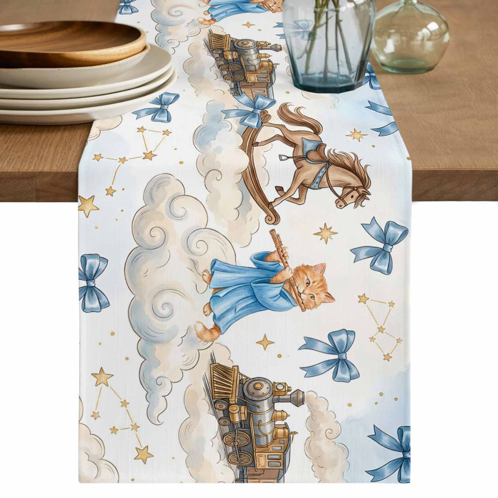 Cartoon Cute Cat Table Runner 72 Inches, Blue Bow Knot Train Cloud Star ...