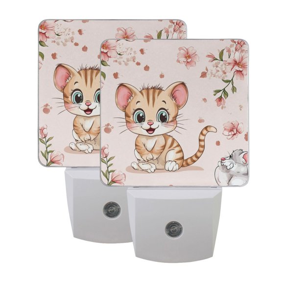 Cartoon Cute Cat and Flowers LED Night Light with Smart Sensor Plug Into Wall Dusk to Dawn 2 packs