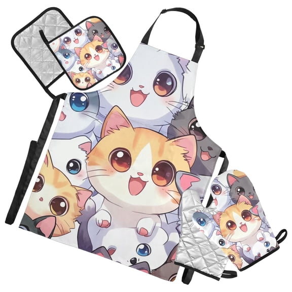 Cartoon Cute Cats Oven Mitts and Pot Holders with Chef Apron Set 5 Pcs Kitchen Cooking Set