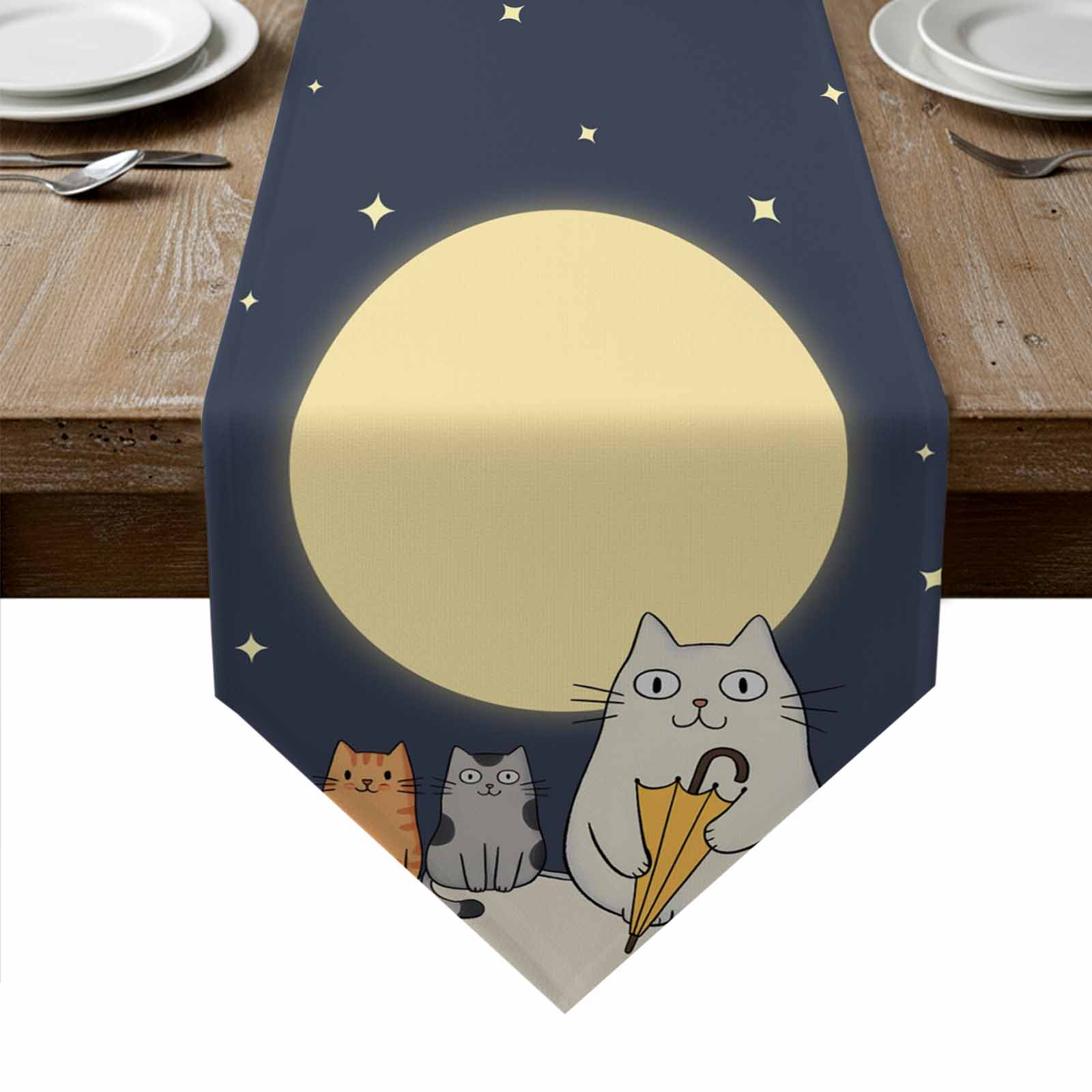 Cartoon Cute Cats Table Runner Linen Burlap Table Runner 90 Inches Long ...