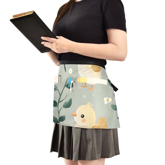 Cartoon Cute Chickens Server Apron with 3 Pockets Waist Apron for Waiter Waitress