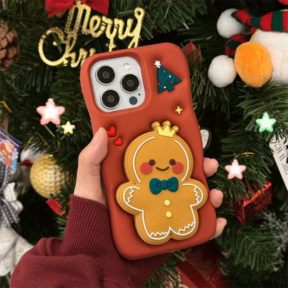 Cartoon Cute Christmas Gingerbread Man Phone Case For iPhone 17 Pro Max 16 15 Plus 14 13 12 /12pro 11 Lovely Christmas Silicone Holder Stand Cover
