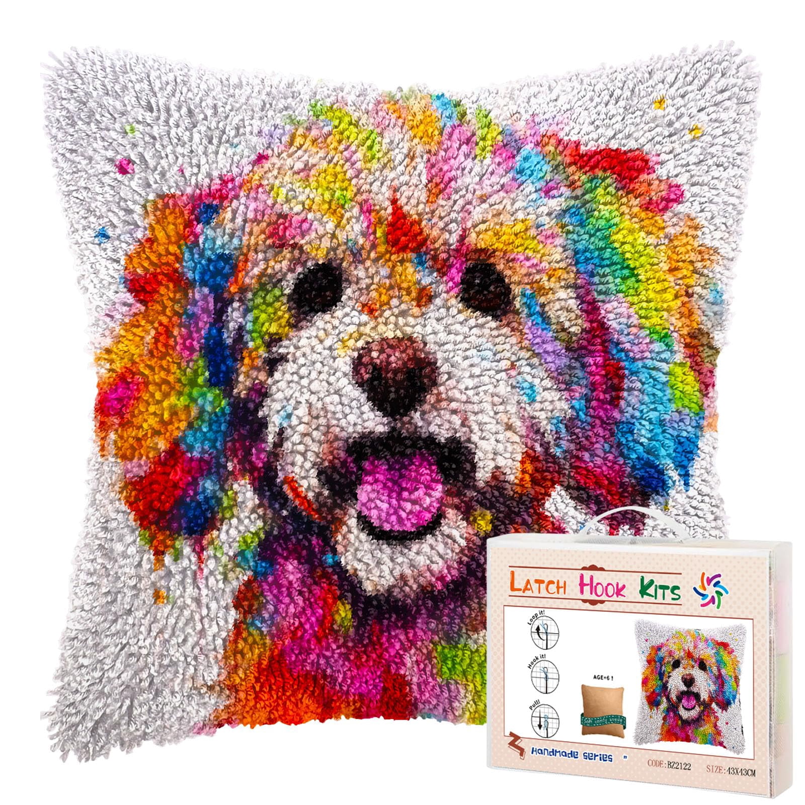 Cartoon Cute Colorful Bichon Frise DIY Latch Hook Pillow Kits for Adults Printed Pillowcase Crochet Yarns Hooking Handmade Pillow Cover Cushion for Home Sofa Decoration 17x17inch(1)