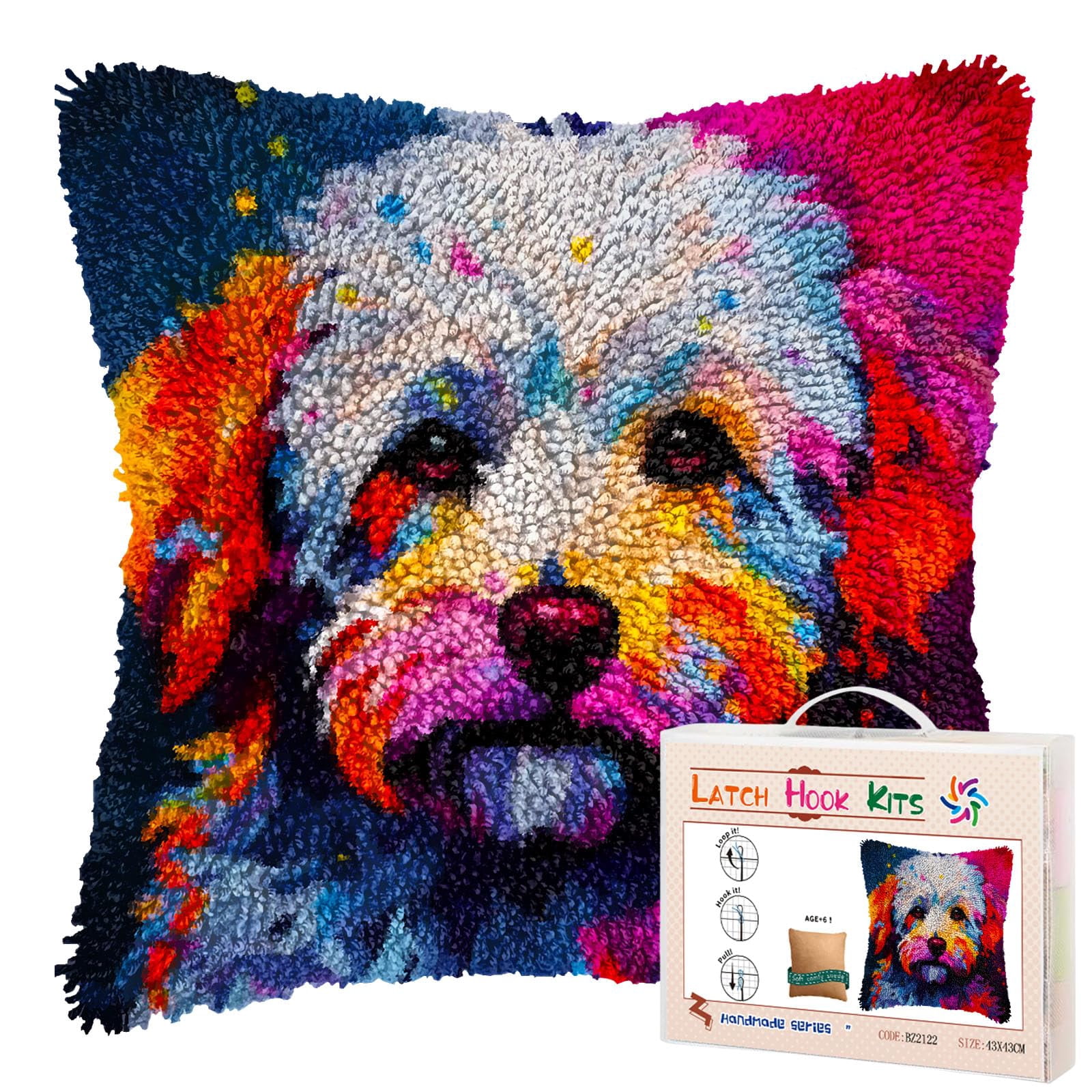 Cartoon Cute Colorful Bichon Frise DIY Latch Hook Pillow Kits for Adults Printed Pillowcase Crochet Yarns Hooking Handmade Pillow Cover Cushion for Home Sofa Decoration 17x17inch(2)