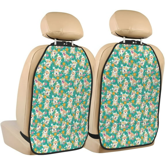 Cartoon Cute Corgi with Flower Mats Back Seat Protectors, Car Seat Protector Vehicle Organizers Waterproof Cover Back Seat Cover for Kids with 3 Storage Pockets 2 Pack