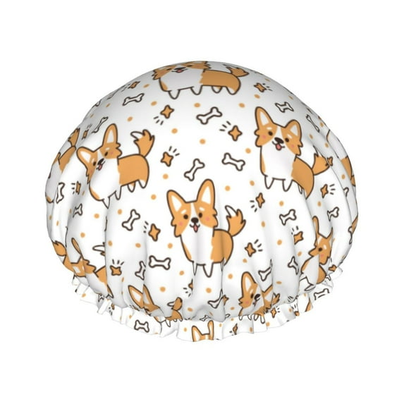 Cartoon Cute Corgi Funny Bones Shower Cap, Double Layers Shower Cap Rreusable Waterproof, Elastic Bathing Hair Hat for Women, Washable Hair Cap for All Hair Lengths