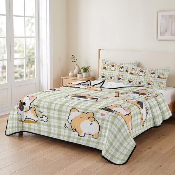 Cartoon Cute Corgi-dog 3 Pieces Quilt Set,1 Quilt with 2 Shams,Green Plaid Background Bedspread Soft Lightweight Bedding Coverlet Comforter Set for All Season 90"x96"