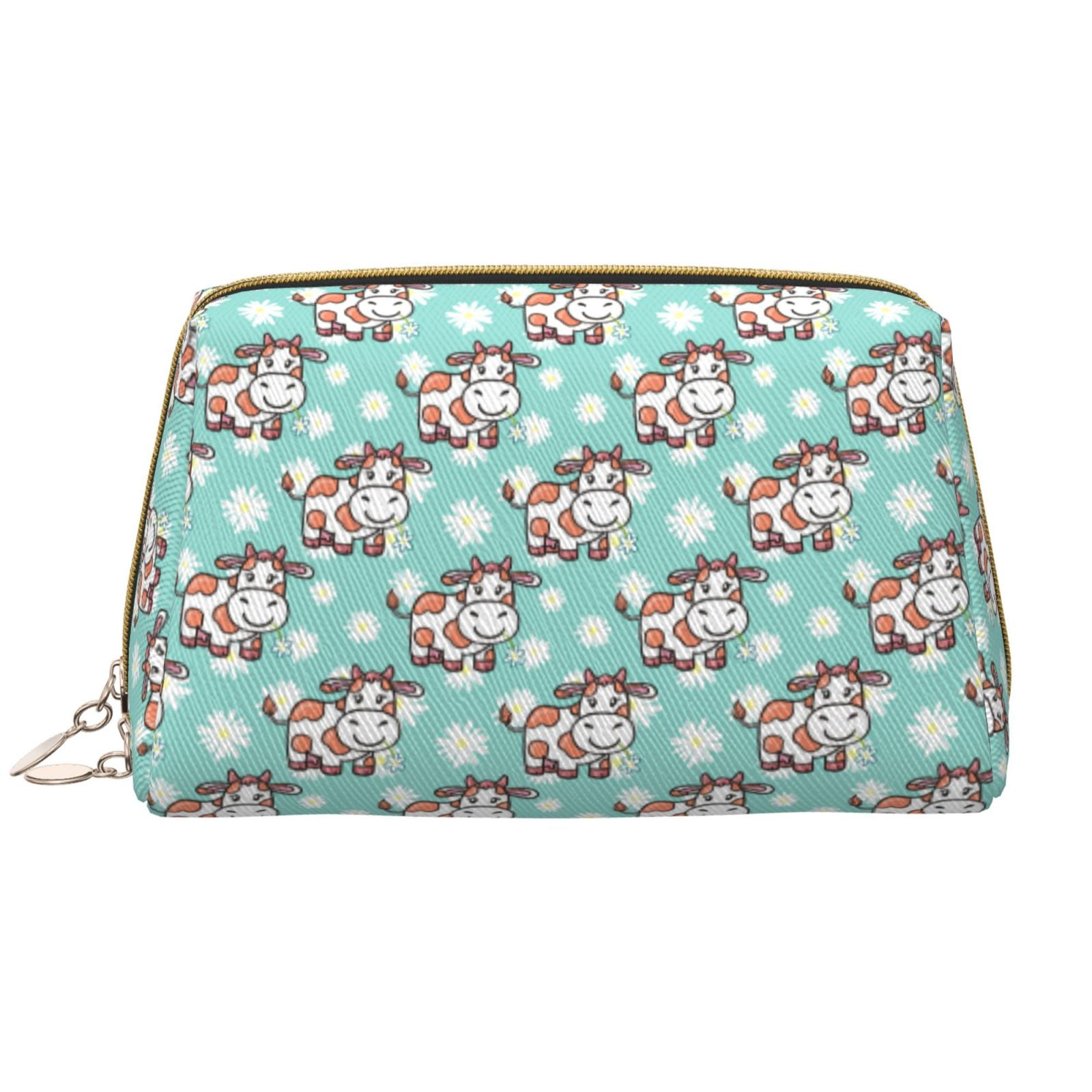 Cartoon Cute Cow Daisy Makeup Bag, Large Capacity Travel Cosmetic Bag
