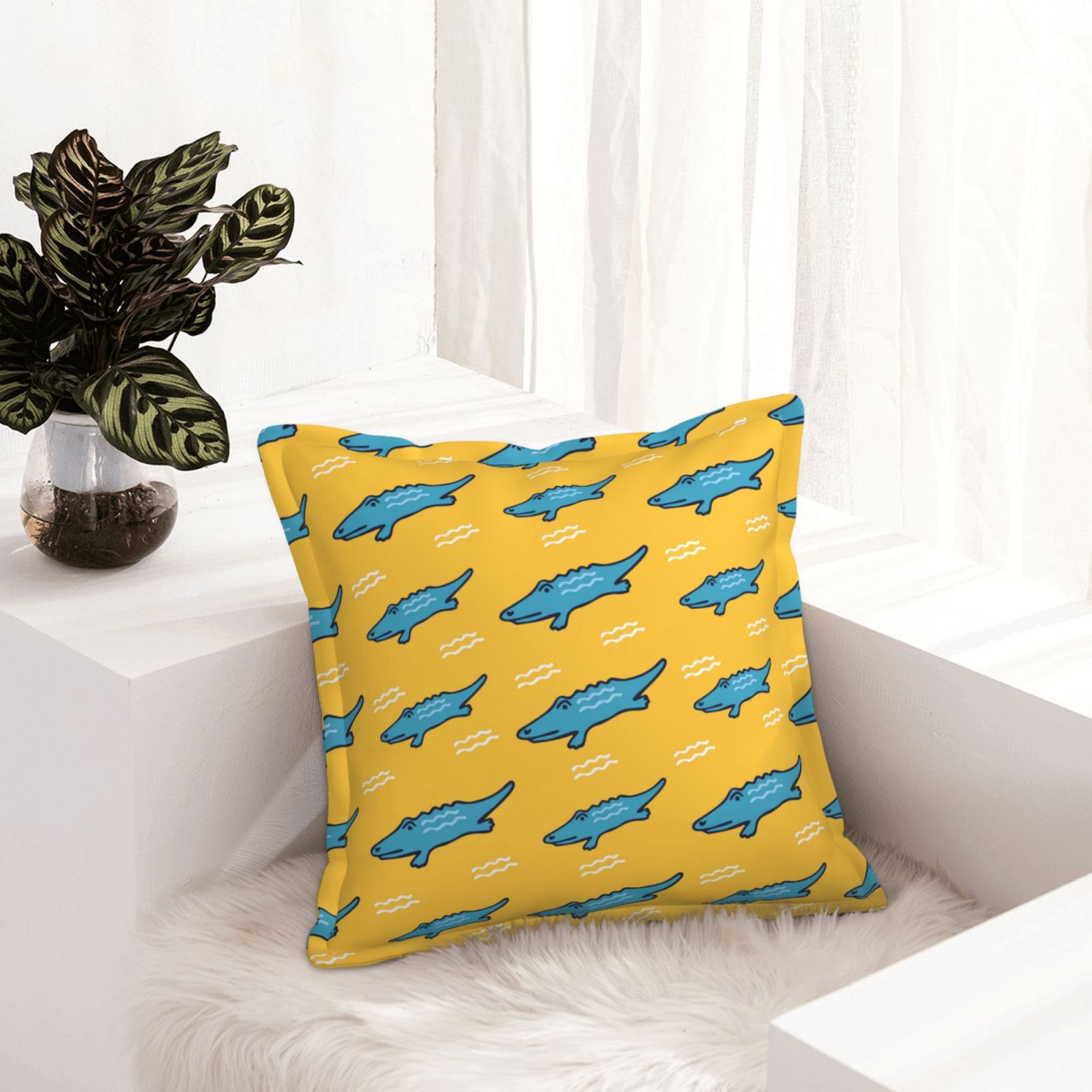 Cartoon Cute Crocodile Yellow Leather Throw Pillow Covers, Pillow