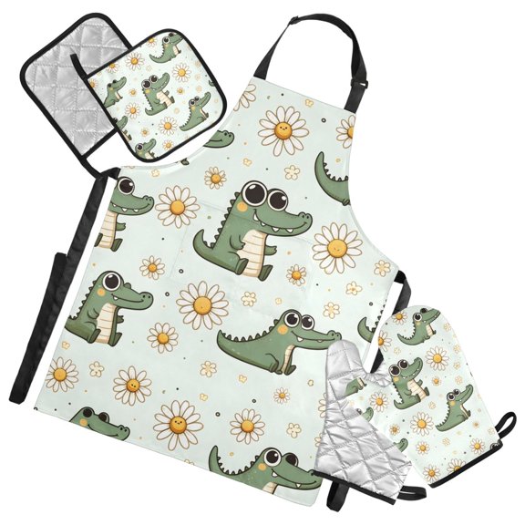 Cartoon Cute Daisy and Crocodile 5 Pcs Kitchen Set Heat Resistant Oven Mitts and Non-Slip Pot Holders with Adjustable Cooking Apron