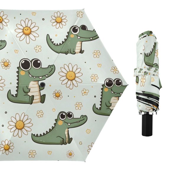 Cartoon Cute Daisy and Crocodile Compact Sun Umbrella Windproof Travel Umbrellas for Rain Strong Portable UV Protection
