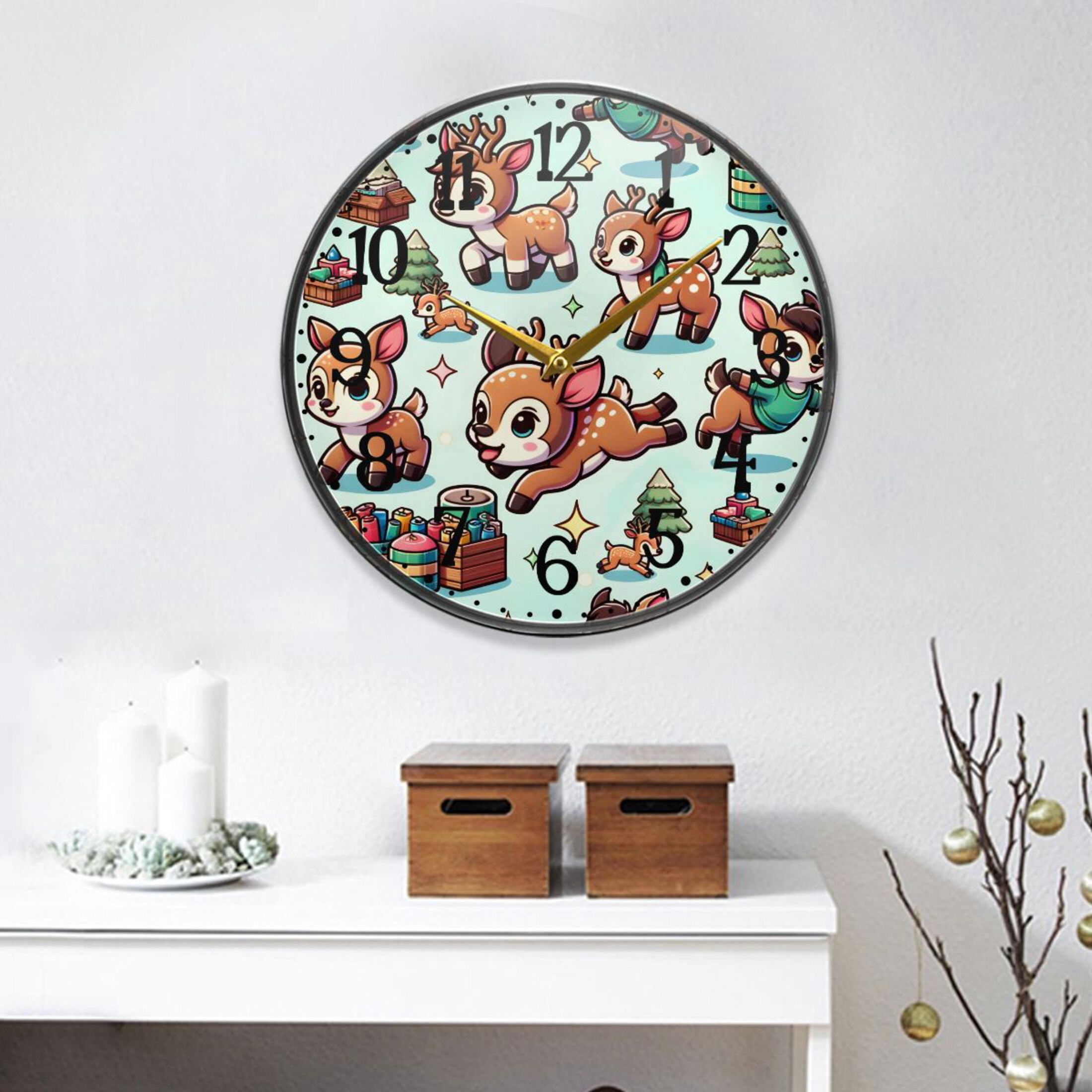 Cartoon Cute Deer and Tree Round Wall Clock 12 Inch Non-Ticking Silent ...