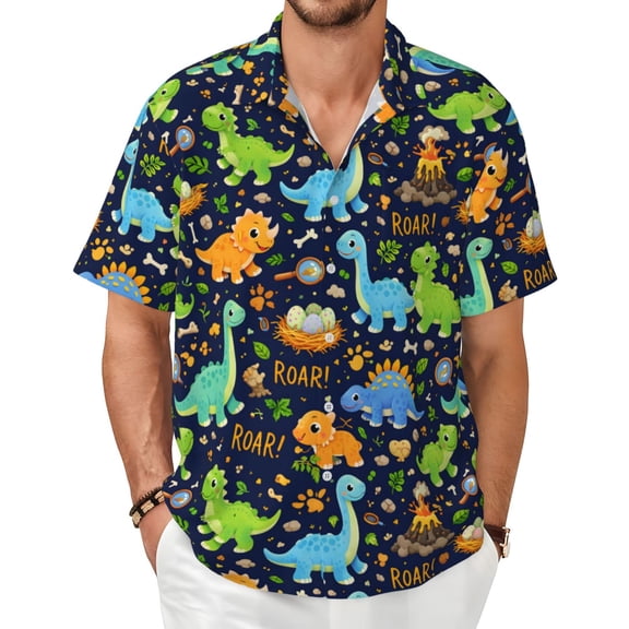 Cartoon Cute Dinosaur Pattern Men's Shirts Short-Sleeved with All-Over Prints Button-Up Shirts