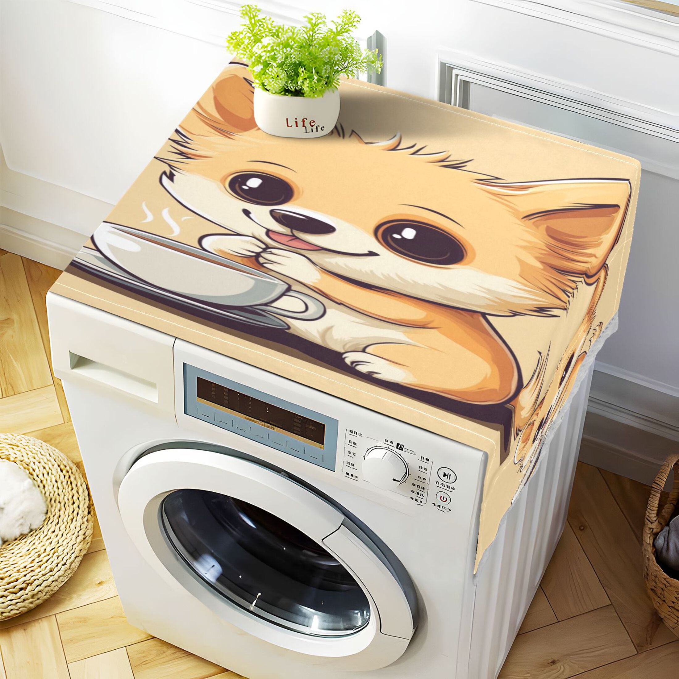 Cartoon Cute Dog Drink CoffeeWasher and Dryer Covers Dust-Proof and Oil Resistant Fridge Cover with 4 Storage Pockets Washing Machine Top Cover for Laundry Kitchen Home 51.2 x 22 In