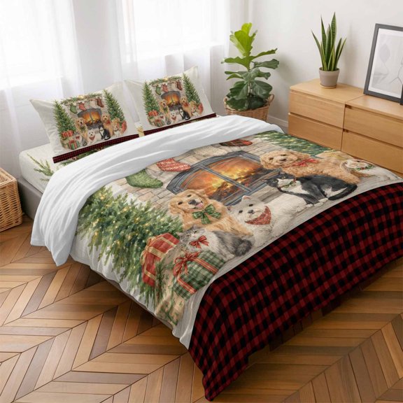 Cartoon Cute Dogs Christmas Trees Queen Size Bed Set,Red Black Plaid Bedding for All Seasons,4 Pcs Bed Set,1 Quiltcover (90"x90"),1 Sheet (90"x102"),2 Pillowcases (20"x30")