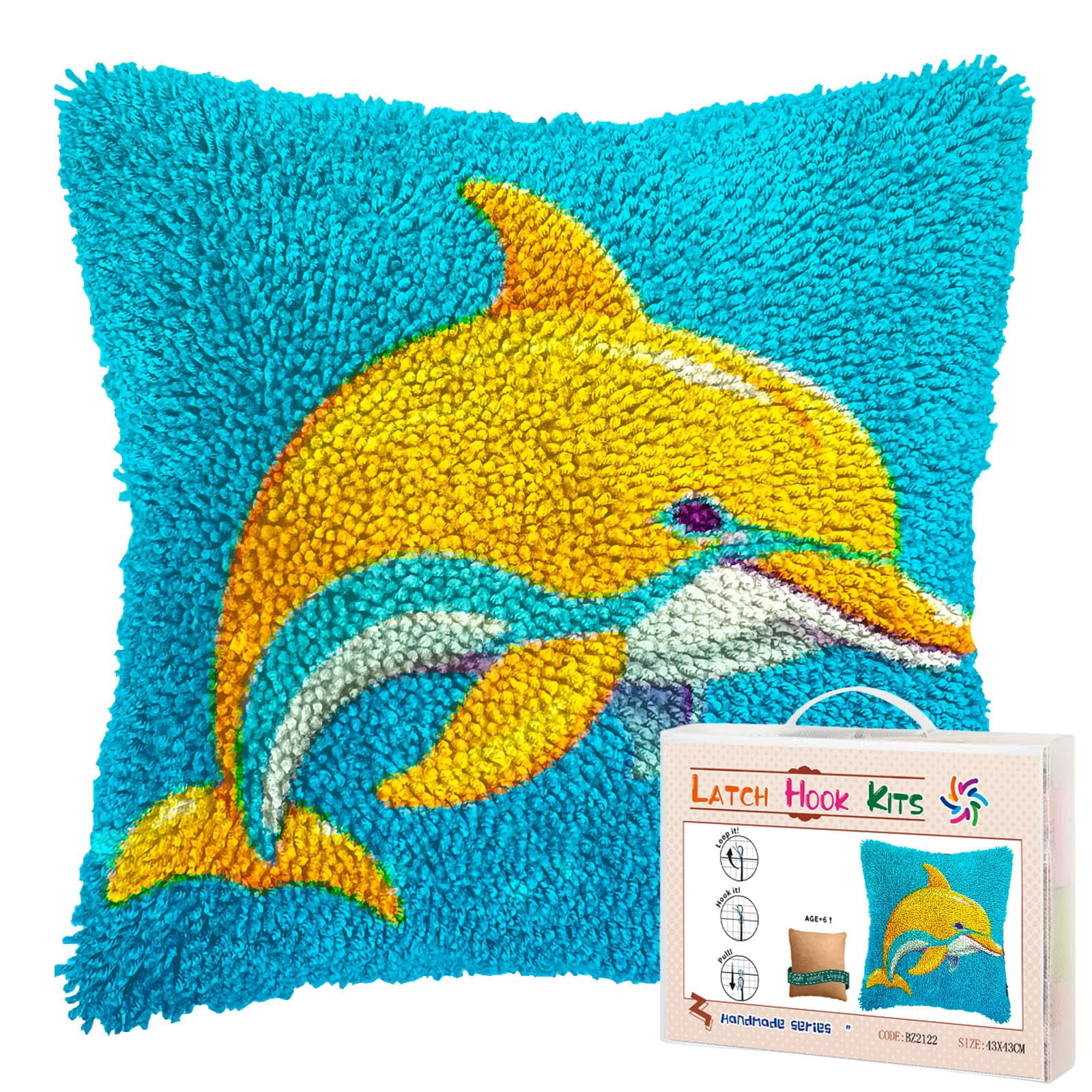 Cartoon Cute Dolphin DIY Latch Hook Pillow Kits for Adults Printed Pillowcase Crochet Yarns Hooking Handmade Pillow Cover Cushion for Home Sofa Decoration 17x17inch(2)