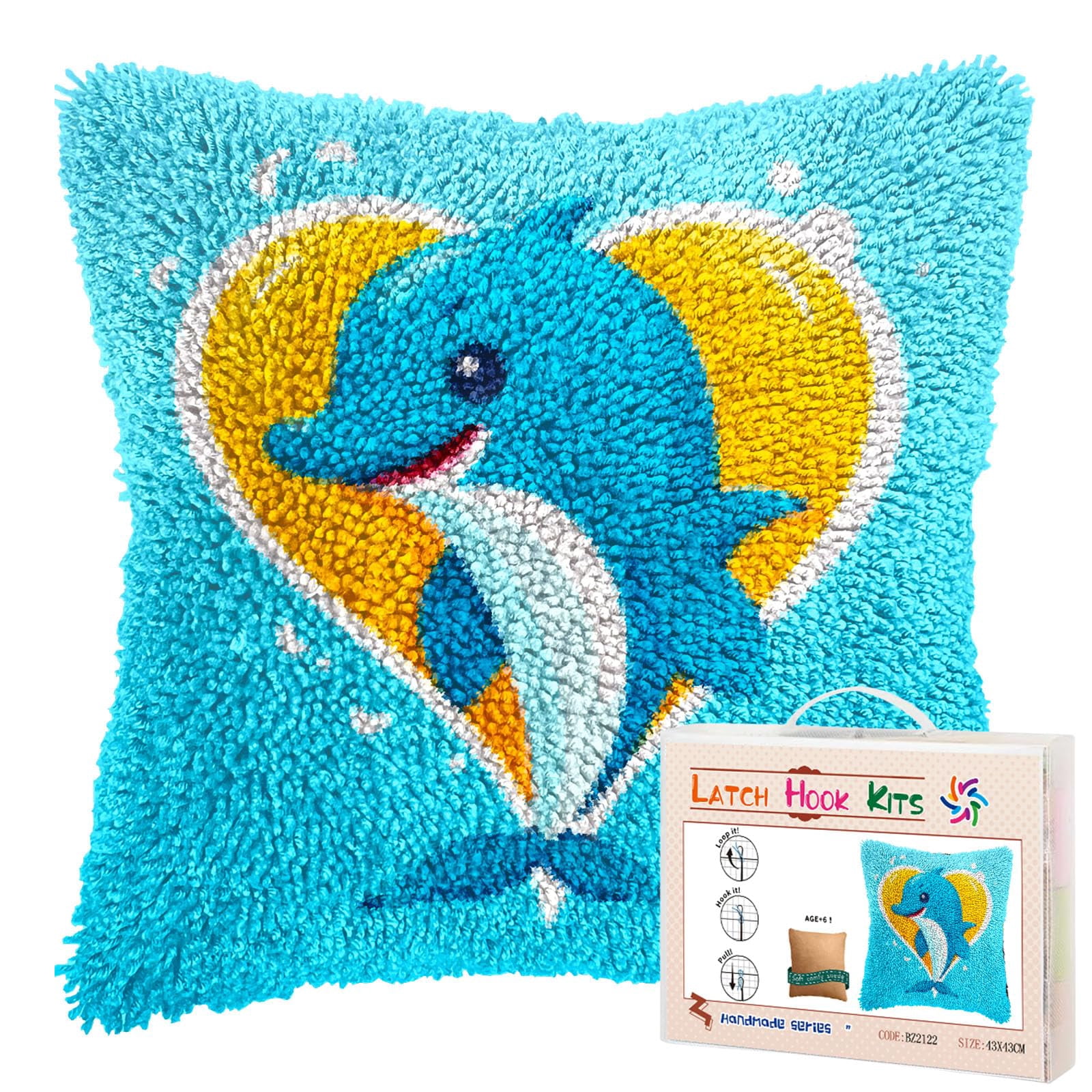 Cartoon Cute Dolphin DIY Latch Hook Pillow Kits for Adults Printed Pillowcase Crochet Yarns Hooking Handmade Pillow Cover Cushion for Home Sofa Decoration 17x17inch(1)