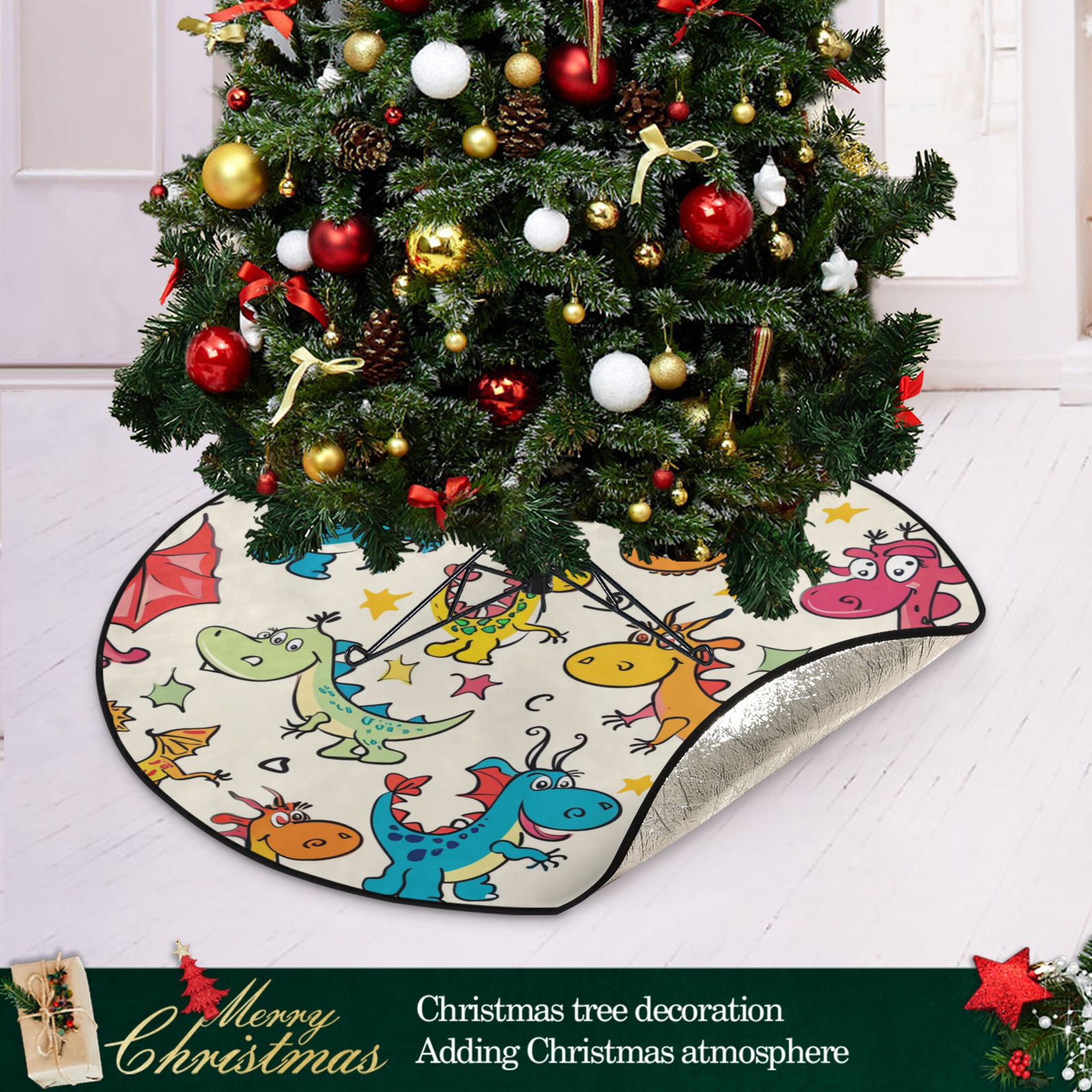 Cartoon Cute Dragons Stars Christmas Tree Stand Mat Floor Protection