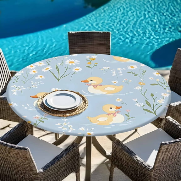 Cartoon Cute Duck Flower Round Fitted Tablecloth with Elastic Edge,Waterproof Table Cloth Fits Tables Up to 45"-54",Wipeable Table Cover for Indoor Outdoor Dinning Party,Farm Animals on Blue Lake