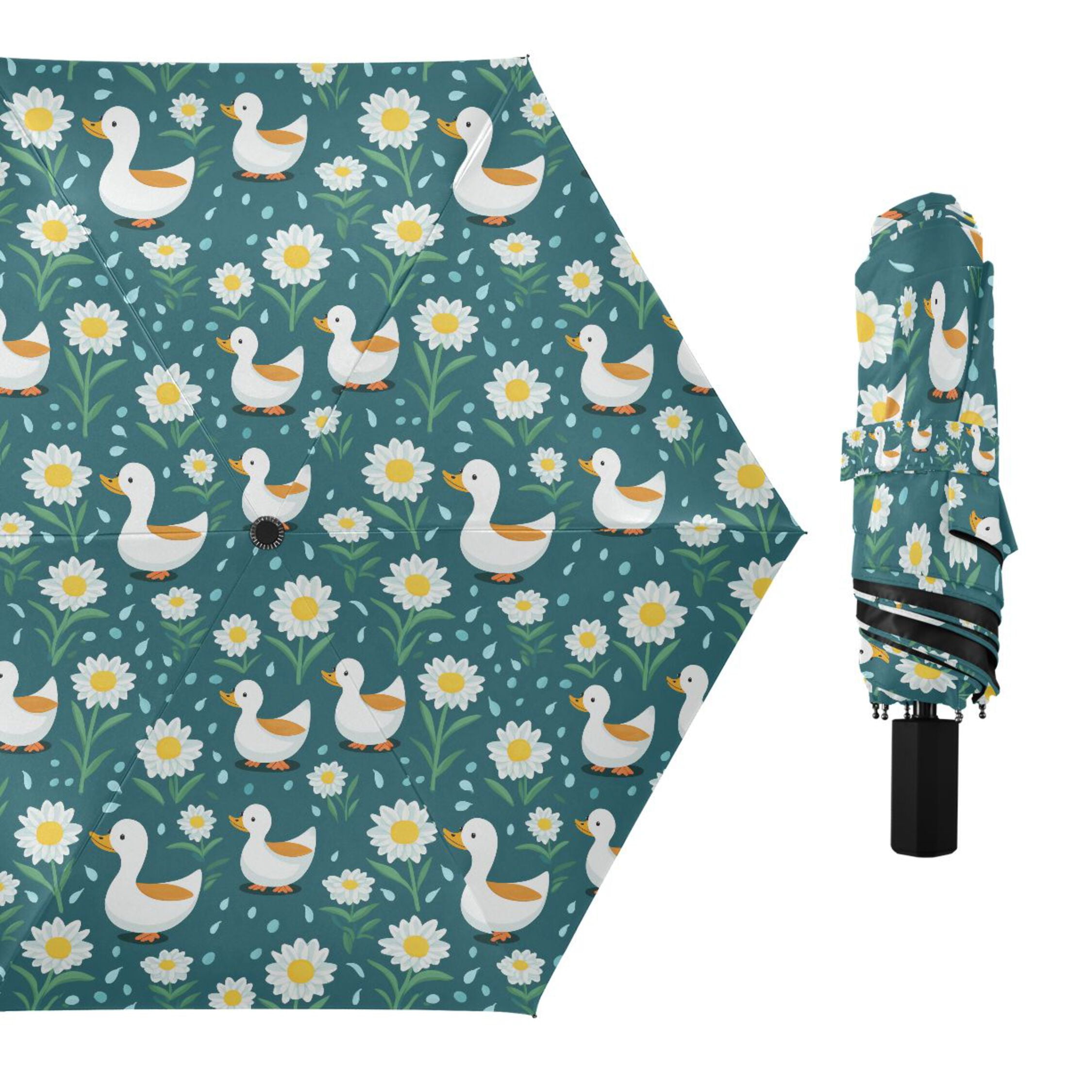 Cartoon Cute Duck and Daisies Compact Sun Umbrella Windproof Travel Umbrellas for Rain Strong Portable UV Protection