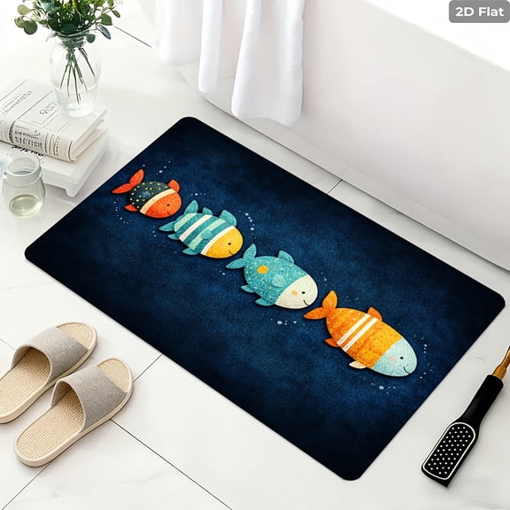 Cartoon Cute Fish Pattern Non-Slip Bath Mat for Washstand/Bathroom/Indoor/Bedside/Toilet/Doorway Rug/Kitchen/Entryway/Foyer Velvet with Dotted Plastic Backing, for Bathroom/Entrance/Outdoor