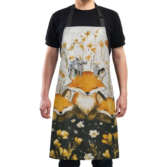 Cartoon Cute Fox Chef Kitchen Apron with Pockets for Women Waterproof Aprons for Cooking Baking