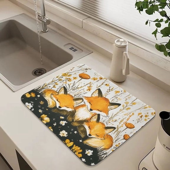 Cartoon Cute Fox Dish Drying Mat for Kitchen Counter Absorbent Drainer Mats (15.7X11.8Inch)