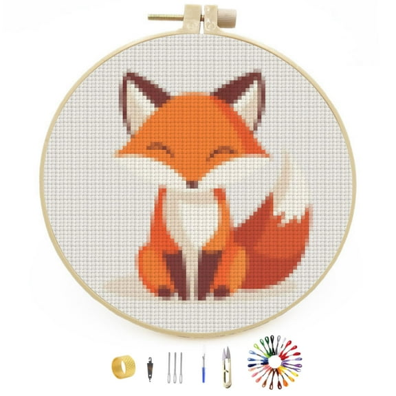 Cartoon Cute Fox Easy Stamped Cross Stitch Kits for Beginners with Hoop Simple Patterns 11CT Counted Embroidery Needlepoint Crafts Arts for DIY Enthusiasts and Home Decor 26x26cm(4)